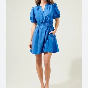 Finley SZ XS‎ Blue Puff Sleeve cotton ruched waist mini dress
